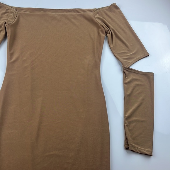 MYSTYLEMODE NUDE DOUBLE LINED OFF THE SHOULDER ELBOW CUT OUT MINI DRESS S99-59 - Picture 6 of 8